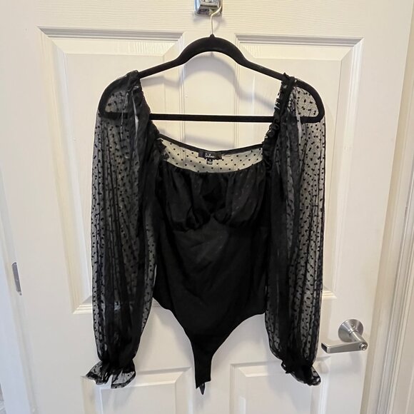 NWT Lulus Call The Dots Black Dotted Mesh Long Sleeve Bodysuit - Size M - Picture 2 of 4
